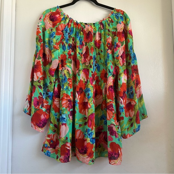 Floral & Ivy Vibrant Floral Lightweight Stretchy Ruffled 3/4 Sleeve Blouse Sz L - Picture 5 of 8